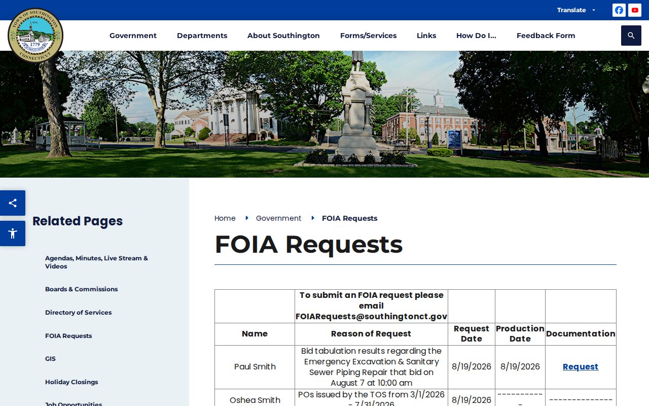 Southington residents directory FOIA records request route