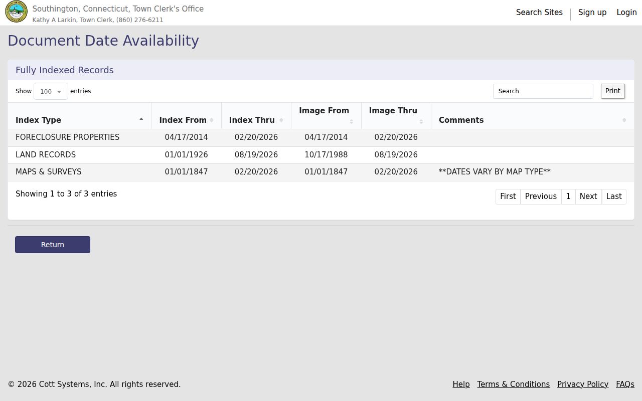 Southington previous residents RECORDhub date-availability search for index and image ranges
