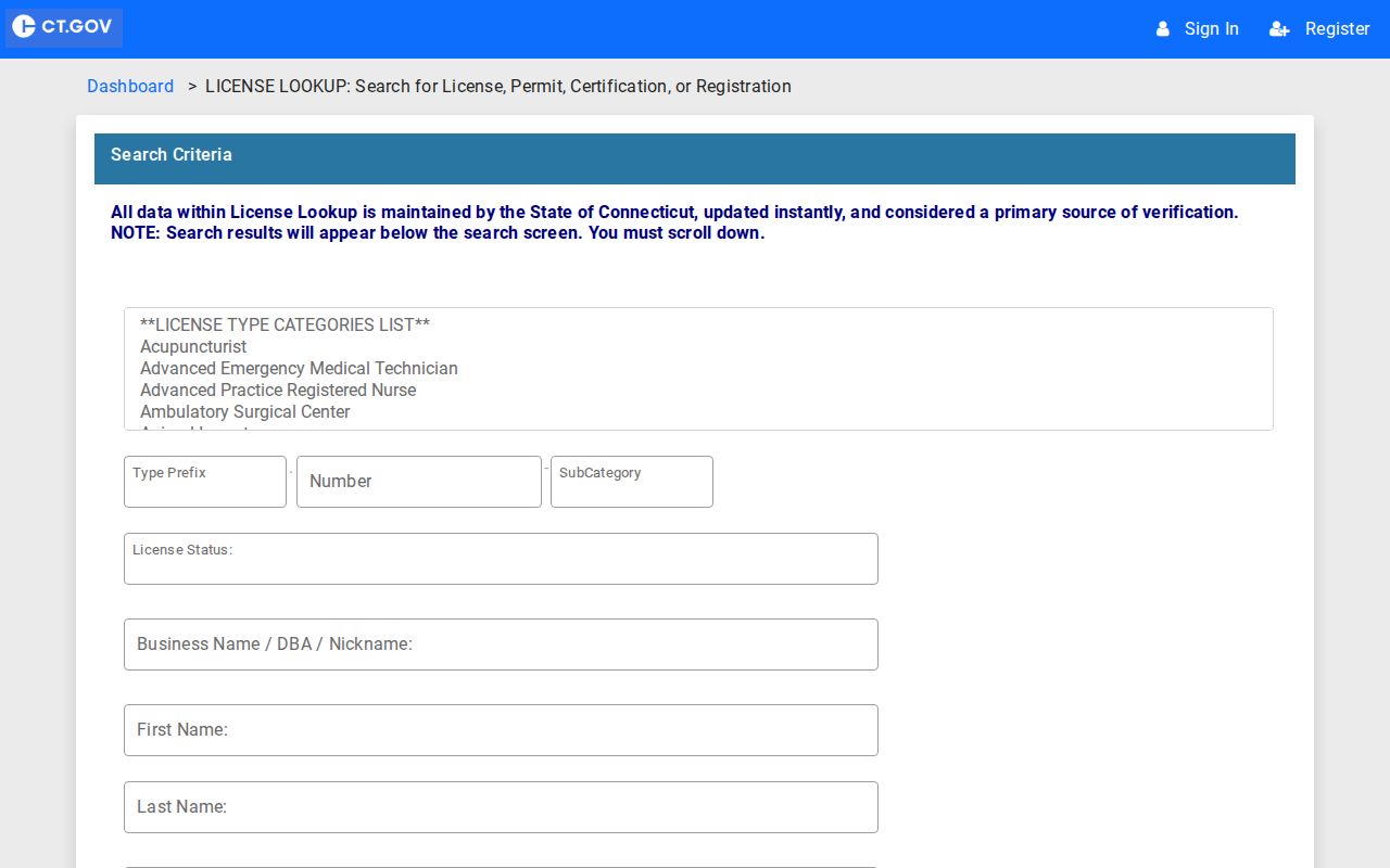 Southington resident lookup through Connecticut eLicense credentials