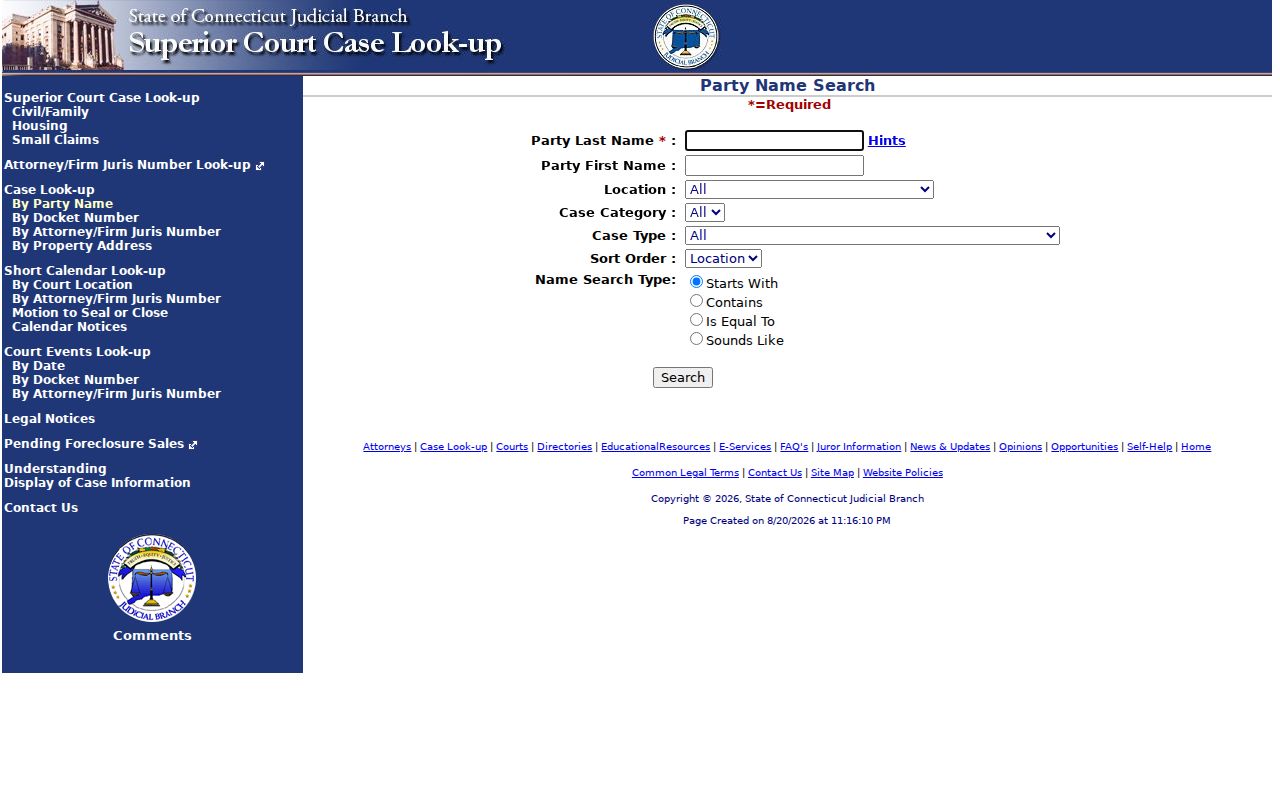 Southington resident lookup through the Connecticut civil party search