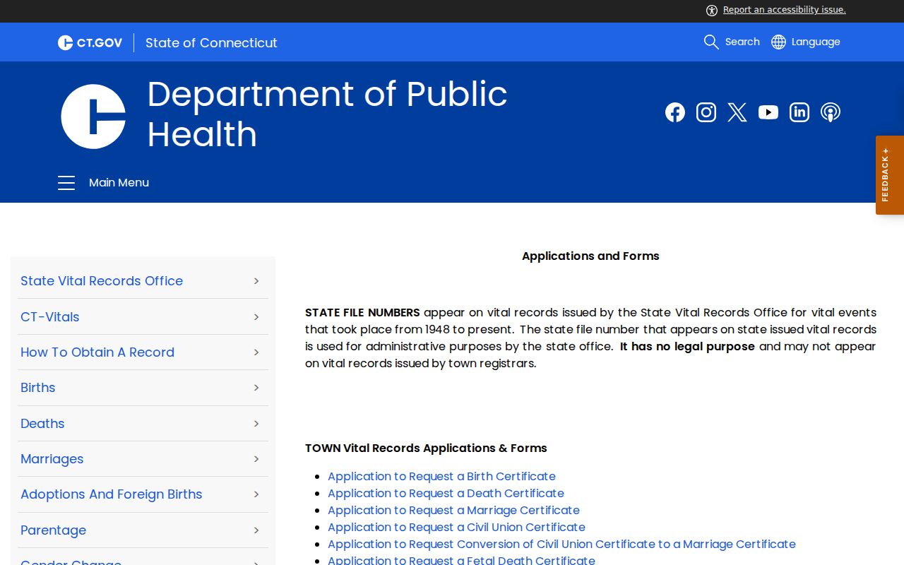Southington resident lookup through Connecticut vital record applications