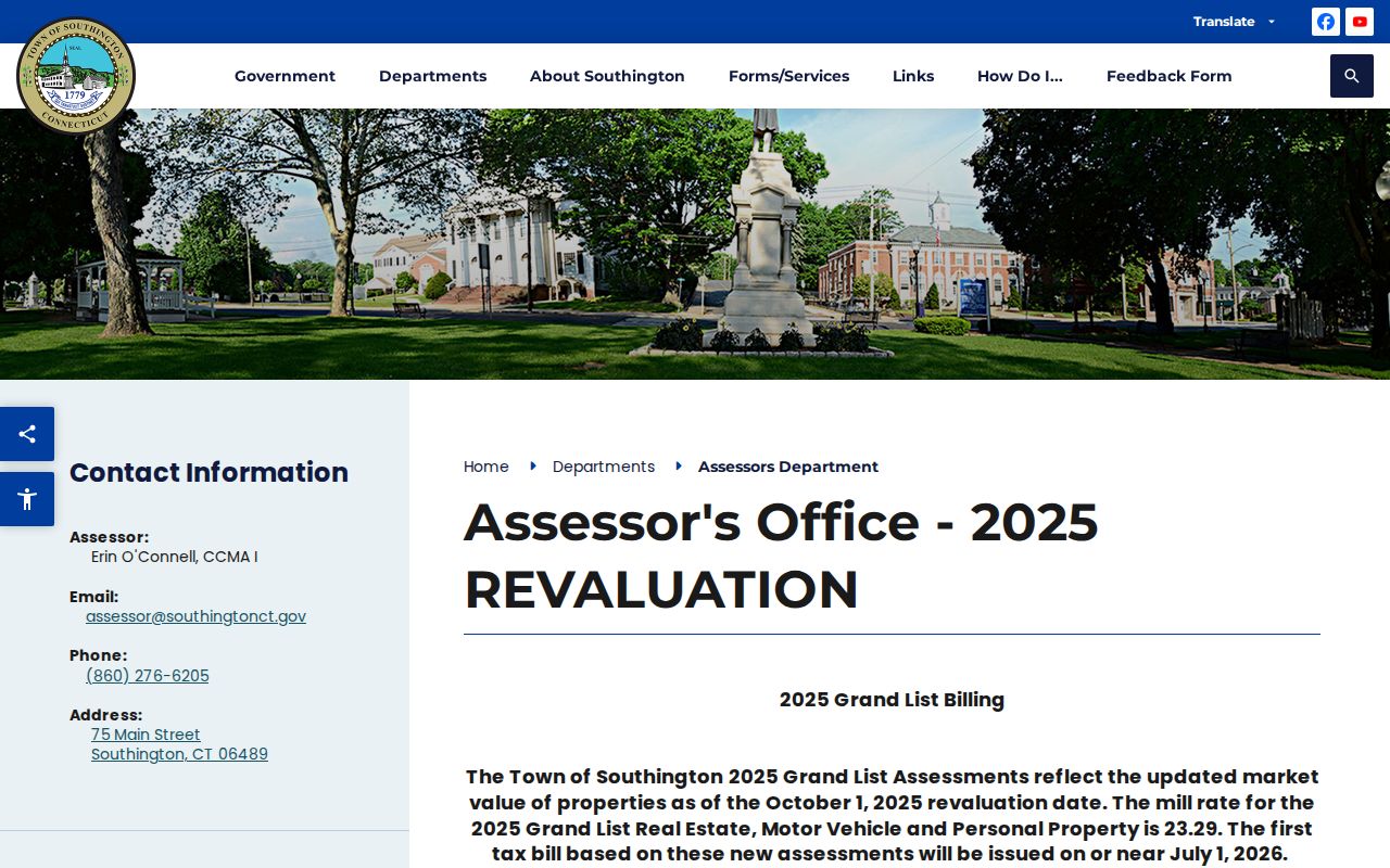 Southington street directory Assessor page with Vision database and revaluation links