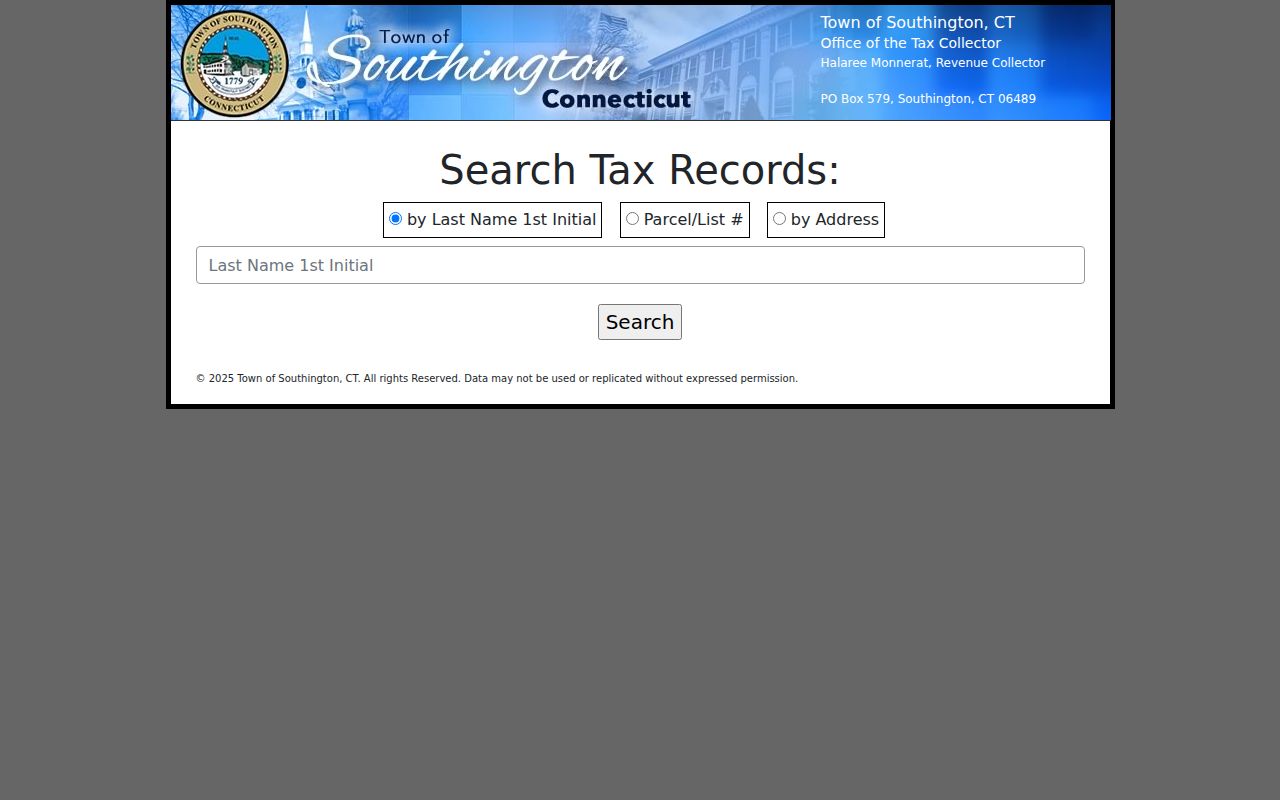 Southington street directory GEMs tax search with address and parcel list modes