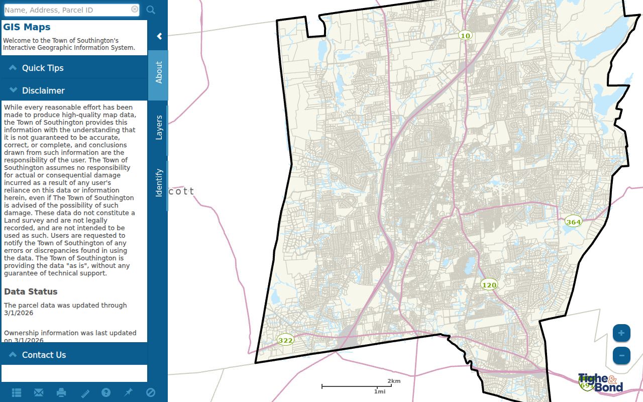 Southington street directory Tighe and Bond GIS parcel viewer with search and map controls
