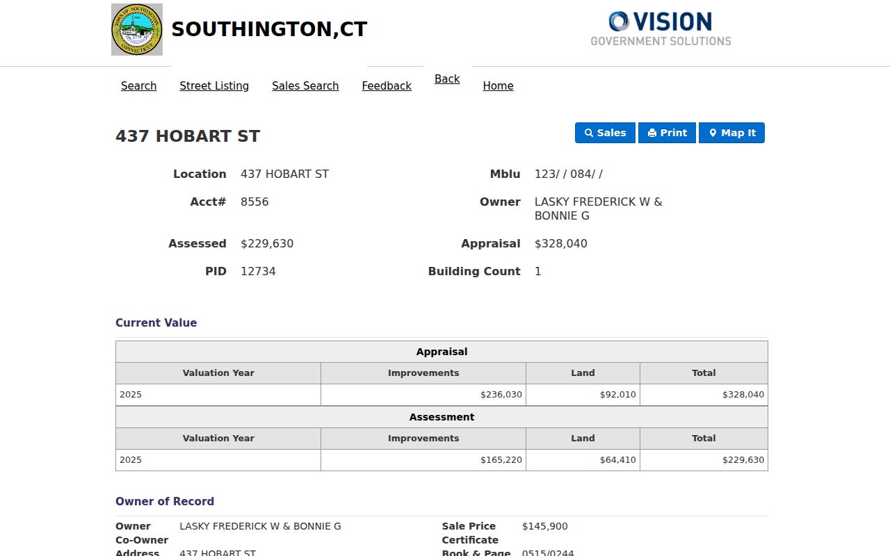 Southington street directory Vision parcel card with PID, MBLU, sale, and valuation fields